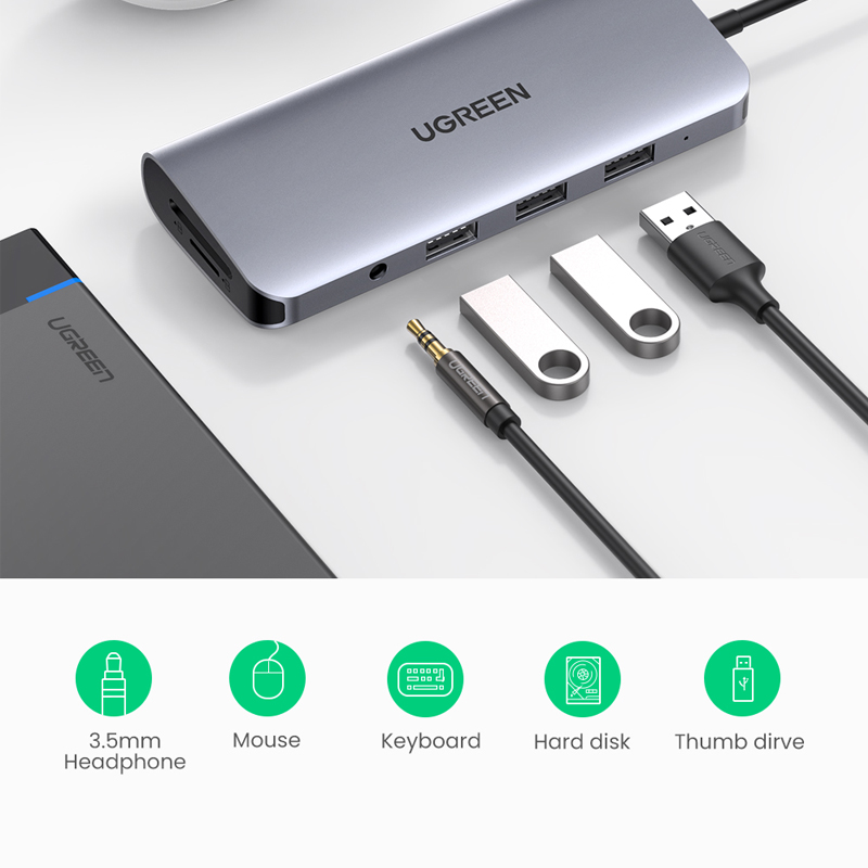 Cáp USB Type C 10 in 1 Ugreen 80133 tích hợp HDMI, VGA, 3.5mm, Lan, USB 3.0